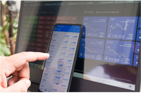 Person in front of trading screen and mobile device displaying price data for multiple financial markets. 